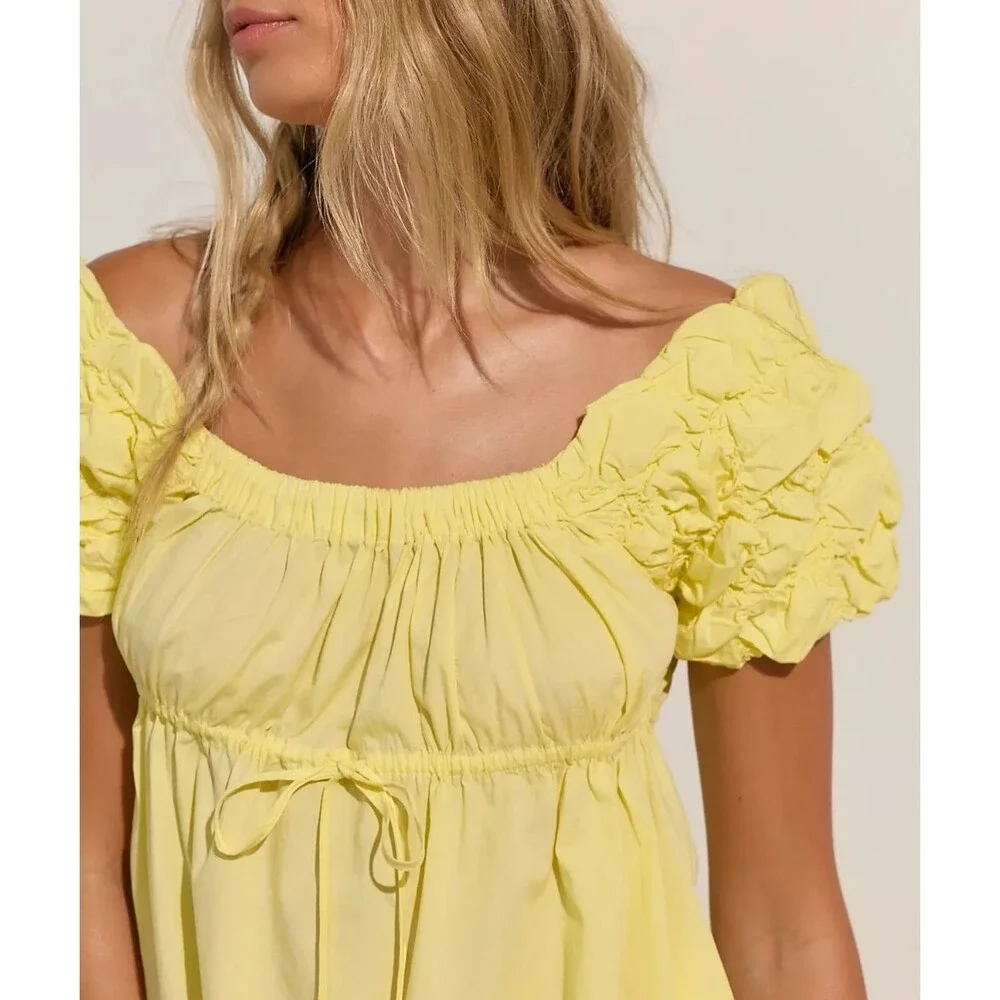 Free People Free Est Flaunt It Mini Dress Ruched Smocked Puff Sleeves XS 288773